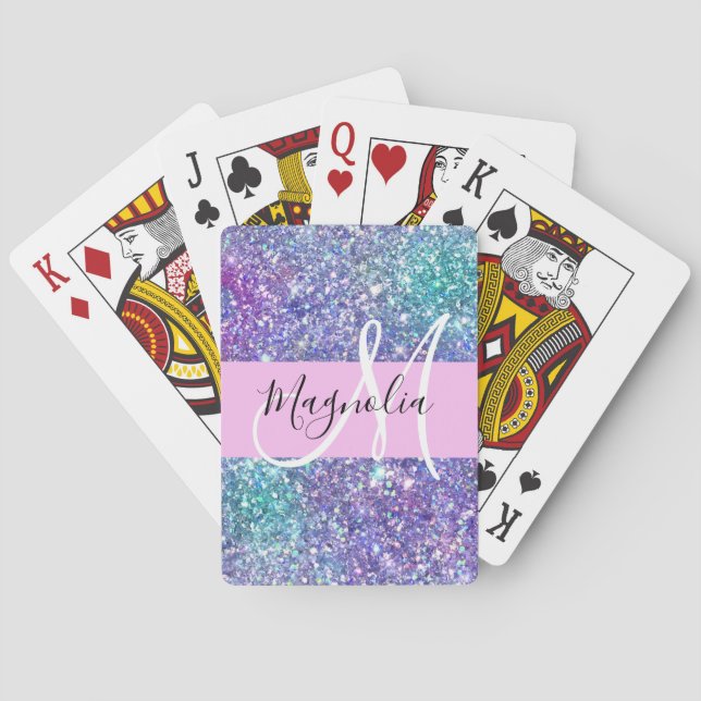 Glamourös lila, blå och grön glitterblixt Monogram Casinokort (Baksidan)