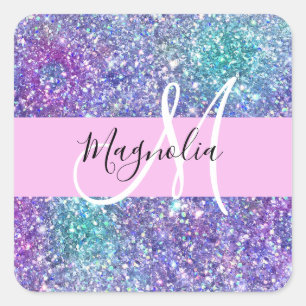 Glamourös lila, blå och grön glitterblixt Monogram Fyrkantigt Klistermärke
