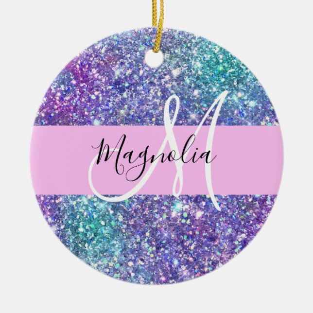 Glamourös lila, blå och grön glitterblixt Monogram Julgransprydnad Keramik (Framsidan)