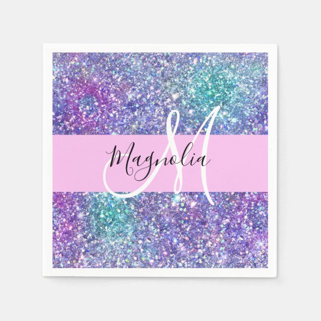 Glamourös lila, blå och grön glitterblixt Monogram Pappersservett (Framsidan)