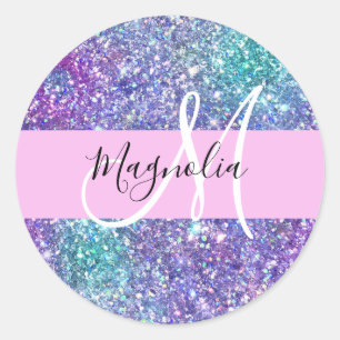 Glamourös lila, blå och grön glitterblixt Monogram Runt Klistermärke