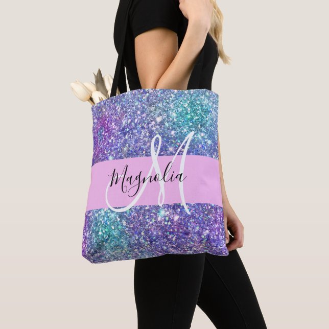 Glamourös lila, blå och grön glitterblixt Monogram Tygkasse (Närbild)