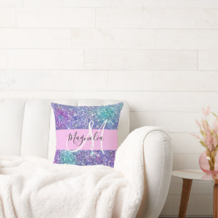 Glamourös lila, blå och grön glitterglans monogram kudde