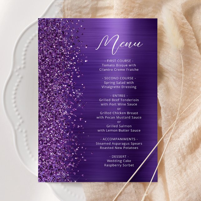 Glamourös lila glittertext bröllop meny (Skapare uppladdad)