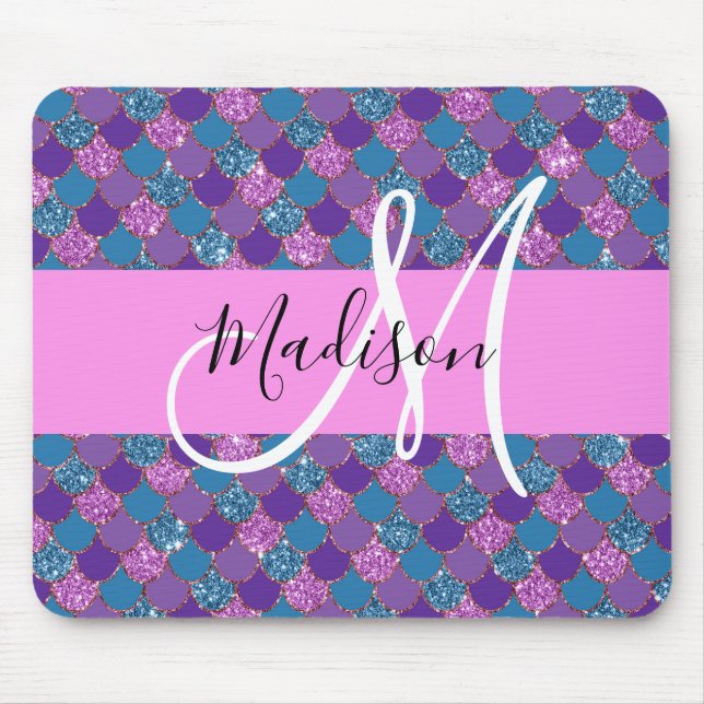 Glamourös lila havsfruskimmer Glitter Monogramnamn Musmatta (Framsidan)
