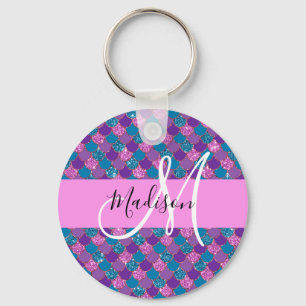 Glamourös lila havsfruskimmer Glitter Monogramnamn Nyckelring