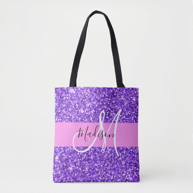 Glamourös lila & rosa glitter glitter monogramnamn tygkasse (Framsida)