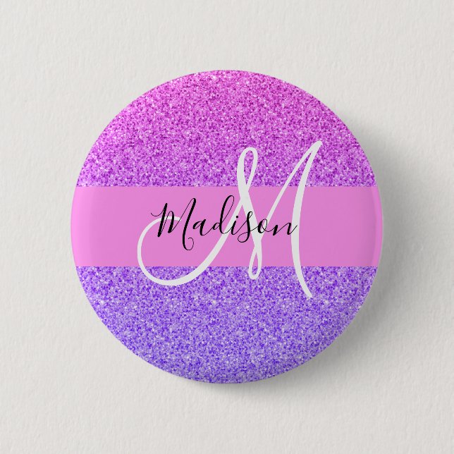 Glamourös lila rosa glitter gnistrande gradientmon knapp (Framsida)