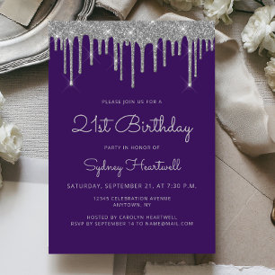 Glamourös lila silver glitter dropp 21-årsdag inbjudningar