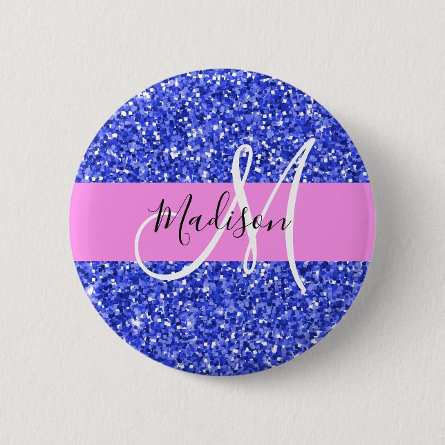 Glamourös mörkblå rosa glittergnistrande namnmonog knapp (Framsida)
