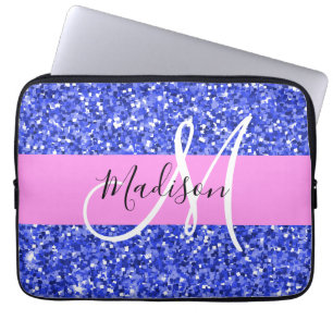 Glamourös mörkblå rosa glittergnistrande namnmonog laptop fodral