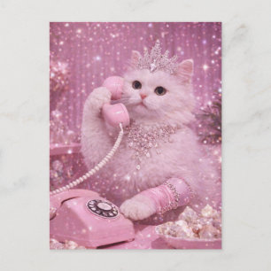 Glamourös prinsesskatt som använder rosa telefon vykort