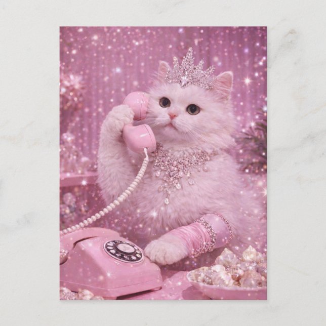 Glamourös prinsesskatt som använder rosa telefon   vykort (Framsida)