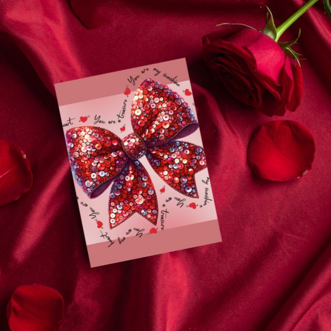 Glamourös röd sequinbåge Alla hjärtans dag Julkort (Skapare uppladdad)