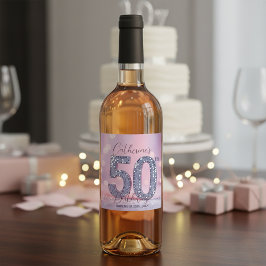 Glamourös rosa bokeh silverpaljetter 50-årsfirande vinflaska etikett