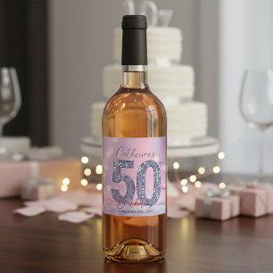 Glamourös rosa bokeh silverpaljetter 50-årsfirande vinflaska etikett