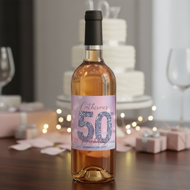 Glamourös rosa bokeh silverpaljetter 50-årsfirande vinflaska etikett (Skapare uppladdad)