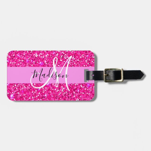 Glamourös rosa glitter glitterstjärnor namnmonogra bagagebricka (Horisontell Framsida)