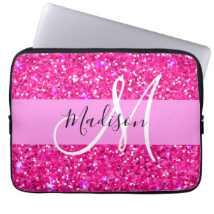 Glamourös Rosa Glitter Gnist Förnamn Monogram Laptop Fodral