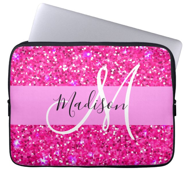 Glamourös Rosa Glitter Gnist Förnamn Monogram Laptop Fodral (Framsidan)
