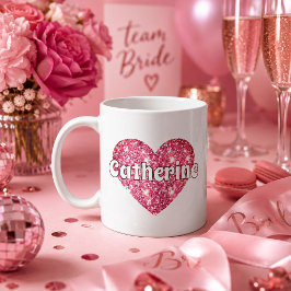 Glamourös rosa glitterhjärta med namn kaffemugg