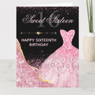 Glamourös rosa glitterklänning för Sweet Sixteen-f Kort