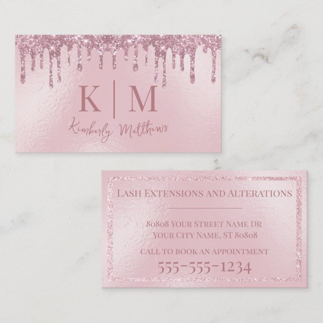 Glamourös rosa glittermonograminitialer visitkort (Fram/baksida)