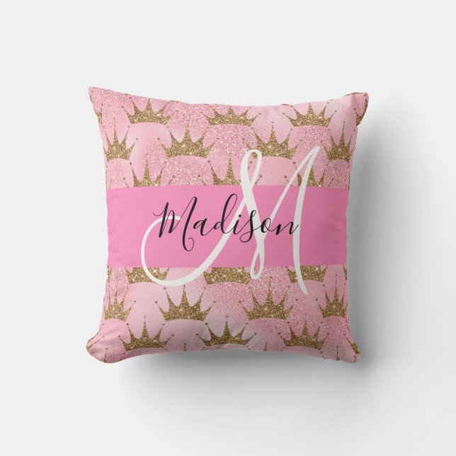 Glamourös rosa & guld glitter gnist krone monogram kudde (Framsida)