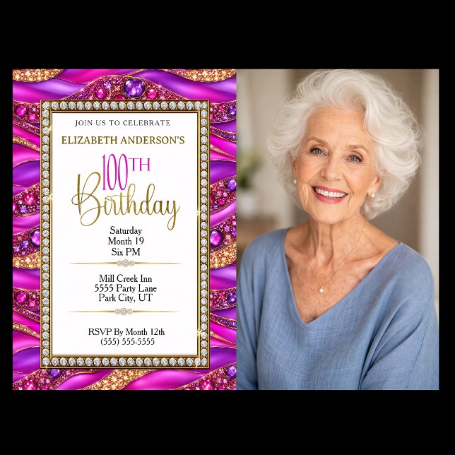 Glamourös rosa guld juvelbesatt Strata 100-års föd Inbjudningar (Elegant pink, purple and gold jeweled 1000th birthday photo invitation with diamond accents.)