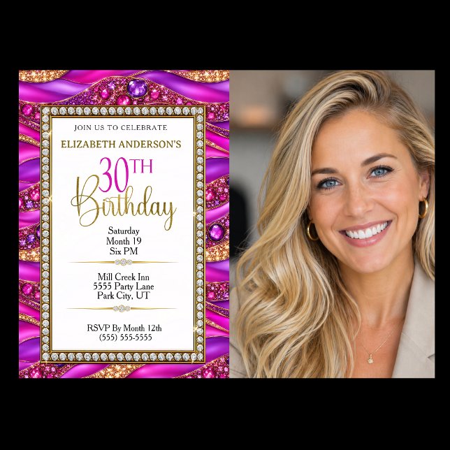 Glamourös rosa guld juvelbesatt Strata 30-års föde Inbjudningar (Glam Pink and Gold Jeweled 30th Birthday Photo Invitation with Diamond Luxury Design)