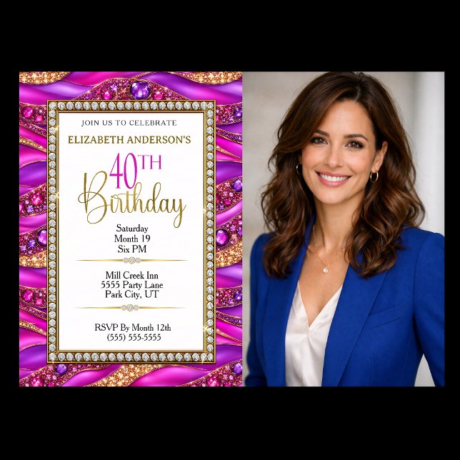 Glamourös rosa guld juvelbesatt Strata 40-års föde Inbjudningar (Glam Pink and Gold Jeweled 40th Birthday Photo Invitation with Diamond Luxury Design)