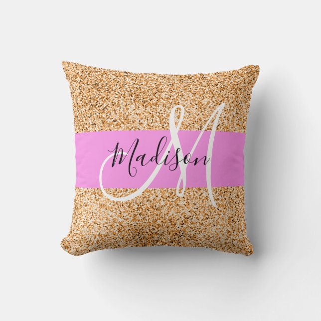 Glamourös rosa & koppar glitter gnistrar monogramn kudde (Framsida)