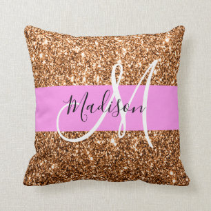 Glamourös rosa & koppar glitter gnistrar monogramn kudde