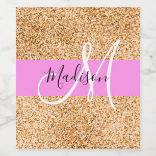 Glamourös rosa & koppar glitter gnistrar monogramn vinflaska etikett