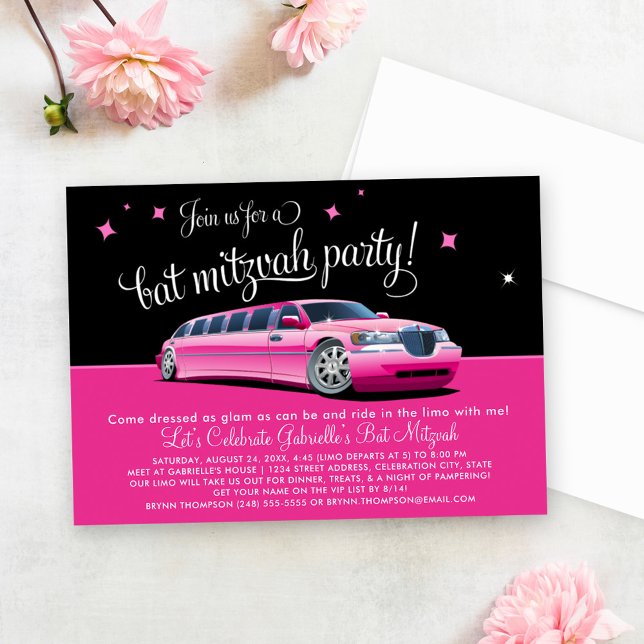 Glamourös Rosa Limousine Bat Mitzvah-fest Inbjudningar (Skapare uppladdad)