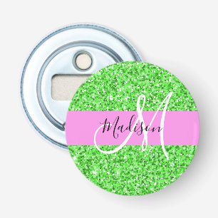 Glamourös rosa och grön glittergnistrande monogram flasköppnare