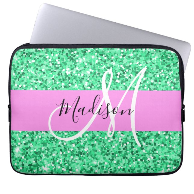 Glamourös rosa och grön glittergnistrande monogram laptop fodral (Framsidan)