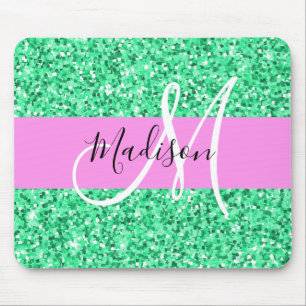Glamourös rosa och grön glittergnistrande monogram musmatta