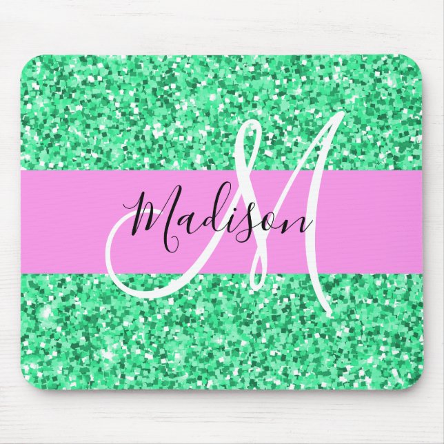Glamourös rosa och grön glittergnistrande monogram musmatta (Framsidan)