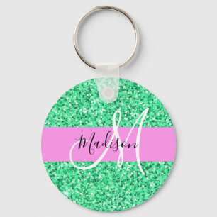 Glamourös rosa och grön glittergnistrande monogram nyckelring