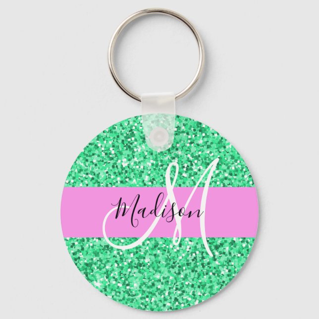Glamourös rosa och grön glittergnistrande monogram nyckelring (Framsida)