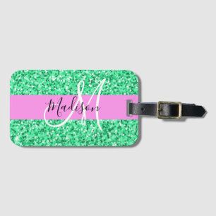 Glamourös rosa och grön glitterstjärna monogramnam bagagebricka