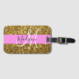 Glamourös rosa och guld glitter gnistrar monogramn bagagebricka