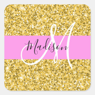 Glamourös rosa och guld glitter gnistrar monogramn fyrkantigt klistermärke