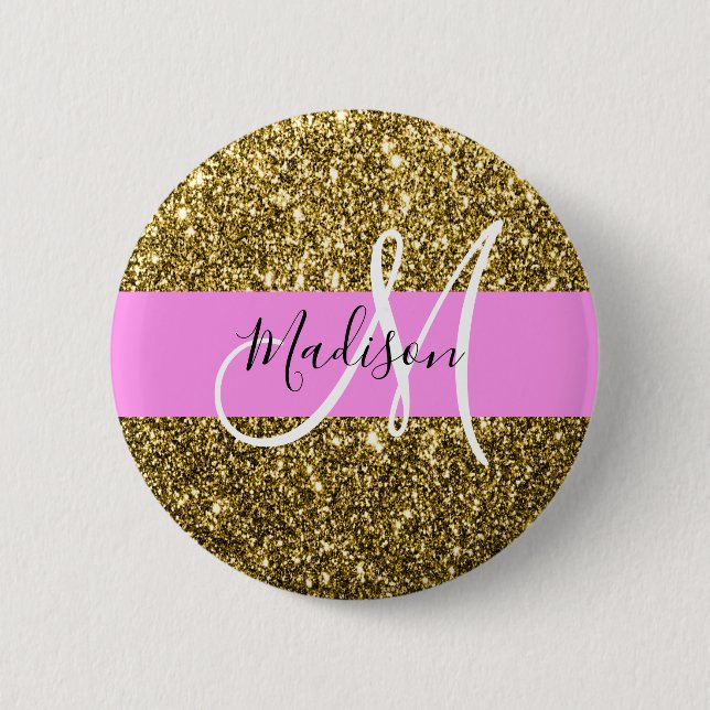 Glamourös rosa och guld glitter gnistrar monogramn knapp (Framsida)