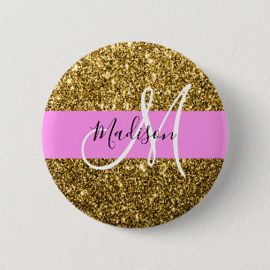 Glamourös rosa och guld glitter gnistrar monogramn knapp