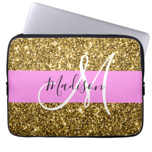 Glamourös rosa och guld glitter gnistrar monogramn laptop fodral