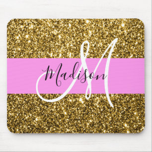 Glamourös rosa och guld glitter gnistrar monogramn musmatta