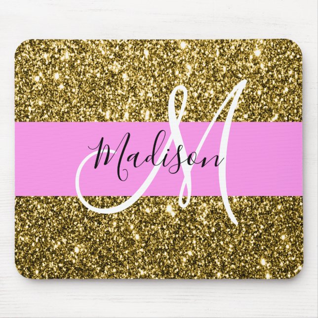Glamourös rosa och guld glitter gnistrar monogramn musmatta (Framsidan)
