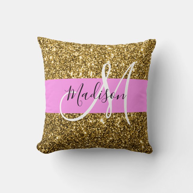 Glamourös rosa och guld glitter gnistringar monogr kudde (Framsida)